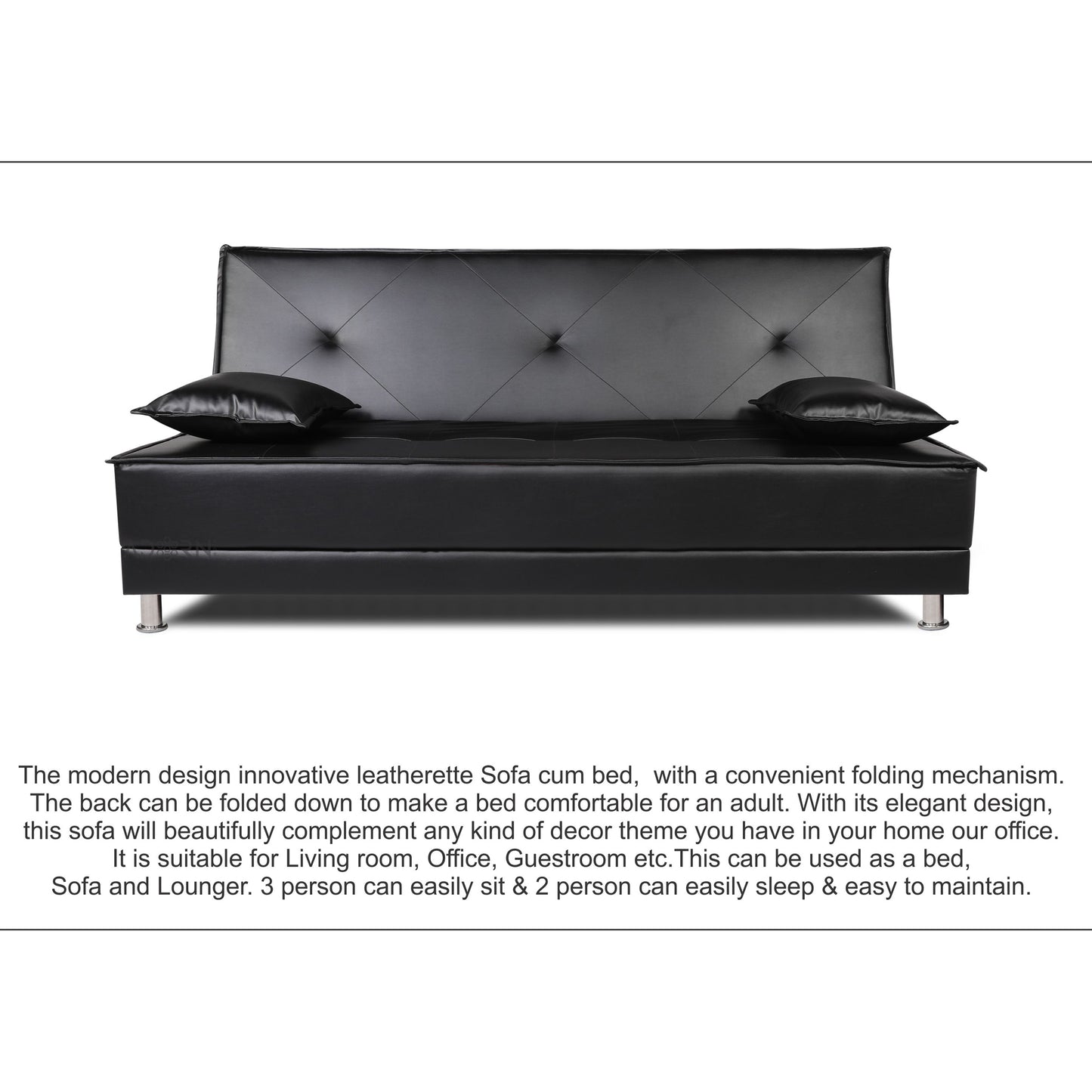 Adorn India Bailey Leatherette 3 Seater Sofa Cum Bed (Black)