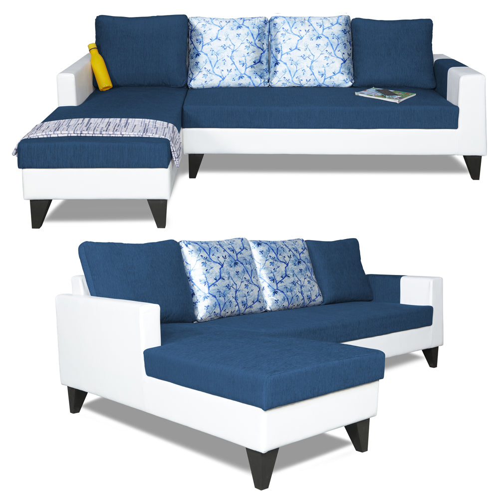 Adorn India Ashley L Shape Digitel Print Leatherette Fabric Sofa Set 8 Seater with 2 Ottoman Puffy & Center Table (Left Side) (Blue)