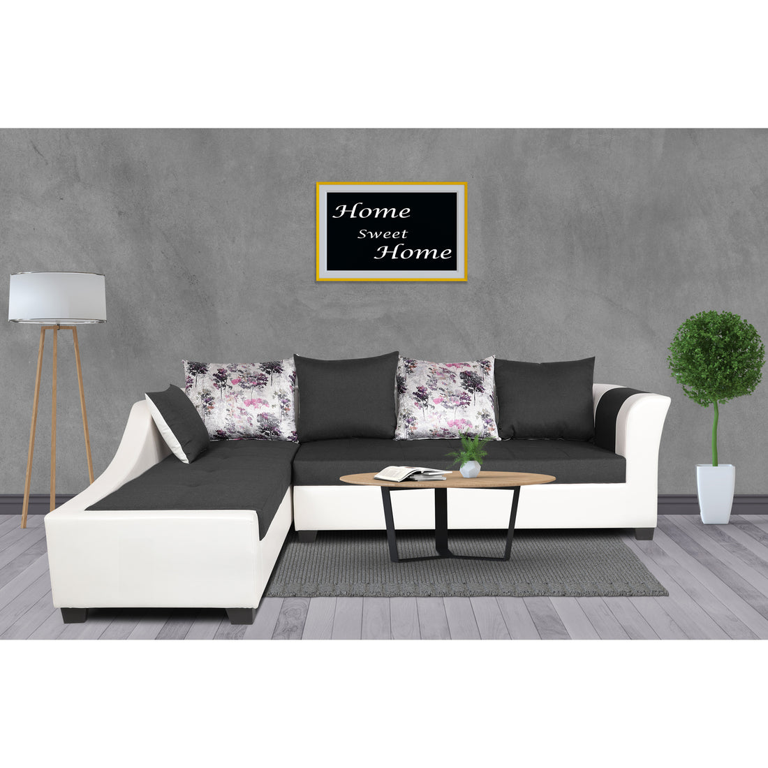Adorn India Aliana L Shape Leatherette Fabric 6 Seater Sofa Set LHS (Dark Grey & White) (3 Year Warranty)