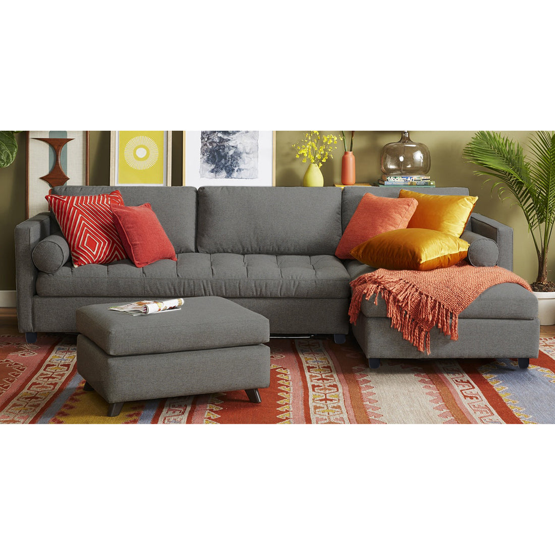 Adorn India Alexander L Shape 7 Seater Sofa Set with Ottoman Puffy RHS (Light Grey) (3 Year Warranty)