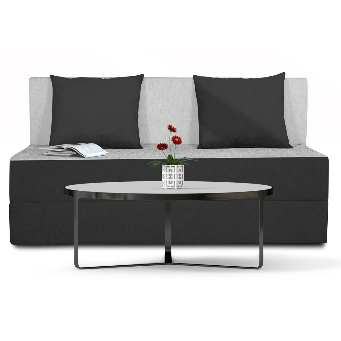 Adorn India Easy 2 Seater Sofa Cum Bed (2 Years Warrenty Quality Foam)-Perfect for Seat & Sleep Washeble Polyster Fabric Cover (Black & Grey) 4'x6'.Pillows Free (1 Year Warranty)