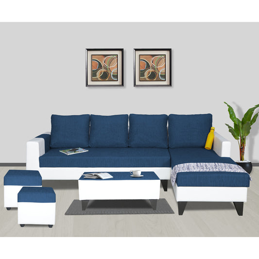 Adorn India Ashley L Shape Plain Leatherette Fabric Sofa Set 8 Seater with 2 Ottoman Puffy & Center Table (Right Side) (Blue)