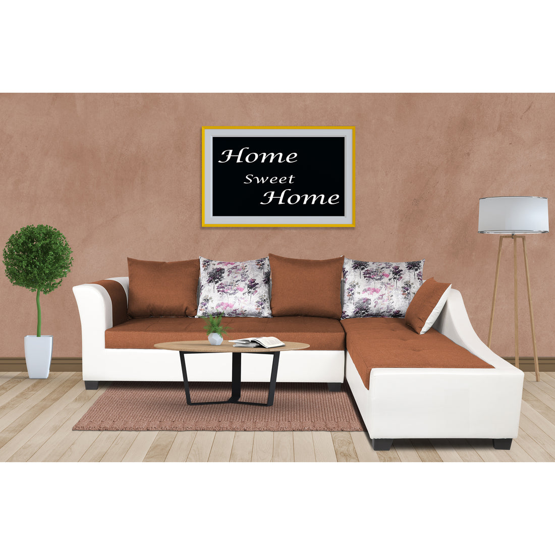 Adorn India Aliana L Shape Leatherette Fabric 6 Seater Sofa Set RHS (Rust & White) (3 Year Warranty)