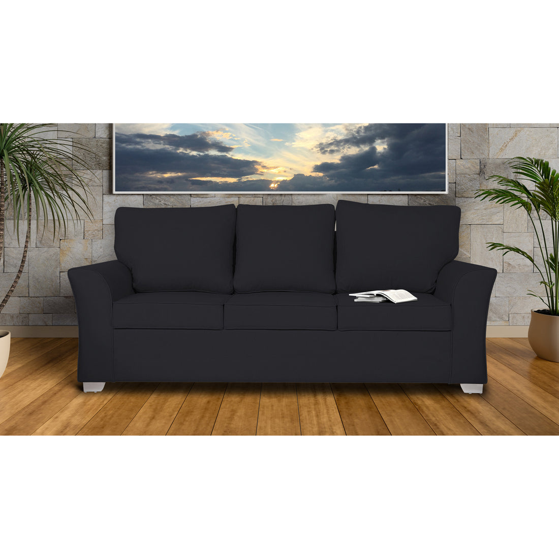 Adorn India Alexia 3 Seater Sofa(Black), Wood, Foam
