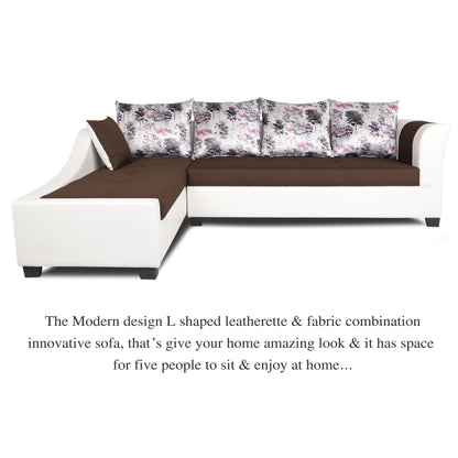 Adorn India Aliana L Shape Leatherette Fabric 6 Seater Sofa (Left Side Handle)(Brown & White)