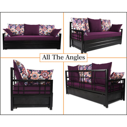 Adorn India Polar Black Metal Three Seater Sofa Cum Bed with Storage (6 x 5) (Purple)