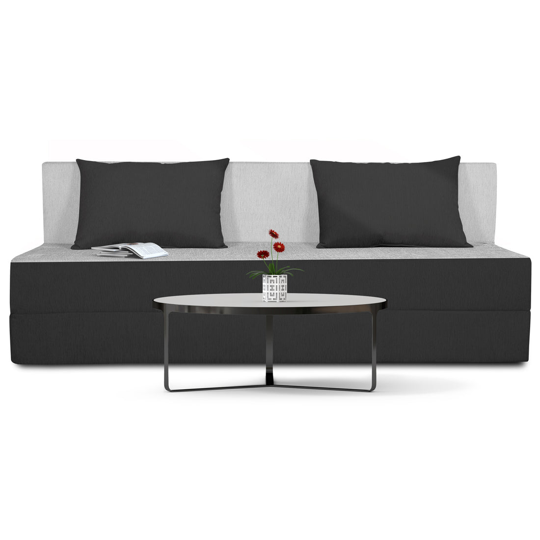 Adorn India Easy 4 Seater Sofa Cum Bed (2 Years Warrenty Quality Foam)-Perfect for Seat & Sleep Washeble Polyster Fabric Cover (Black & Grey) 6'x6'.Pillows Free (1 Year Warranty)