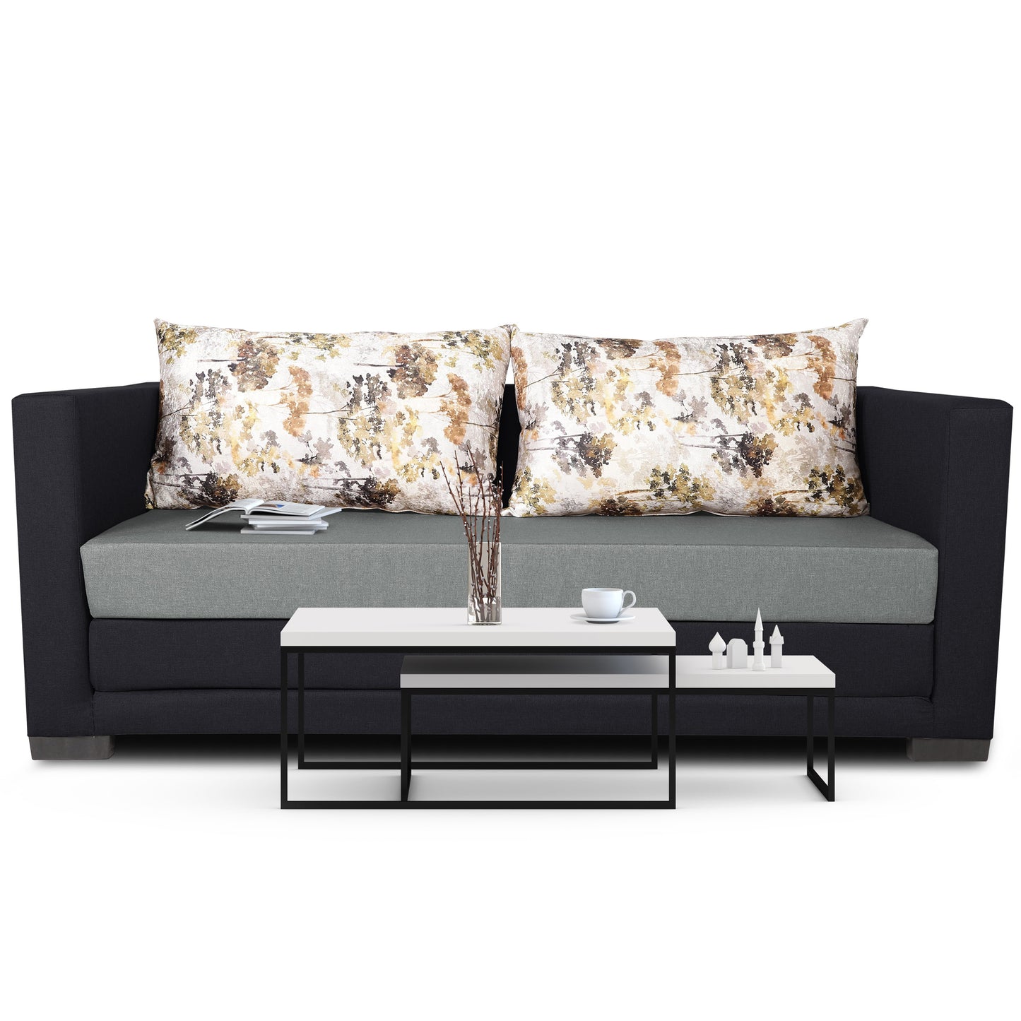 Adorn India Exclusive Two Tone Straight Line Three Seater Sofa Cum Bed (Light Grey & Black)