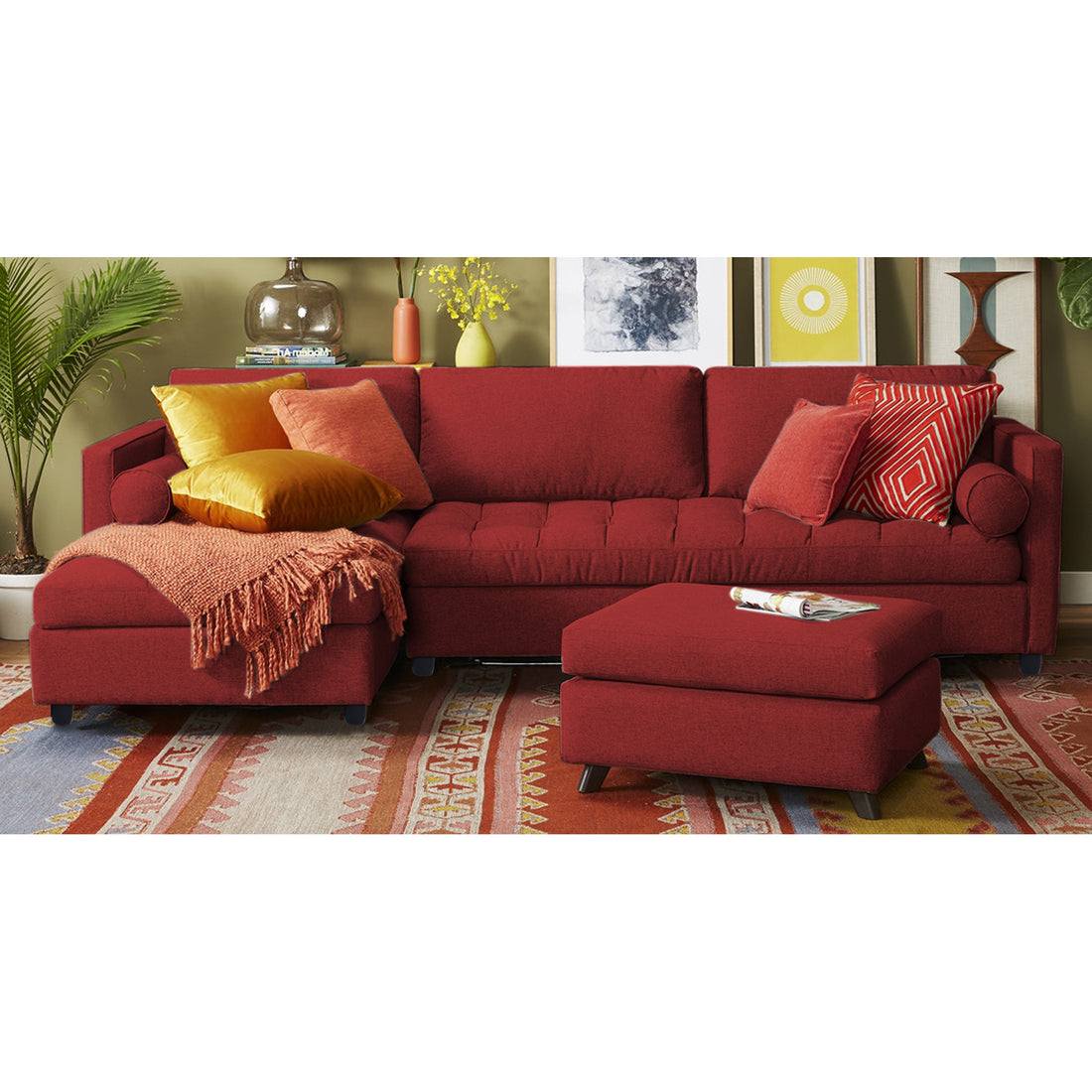 Adorn India Alexander L Shape 6 Seater Sofa (Left Side Handle)(Maroon)
