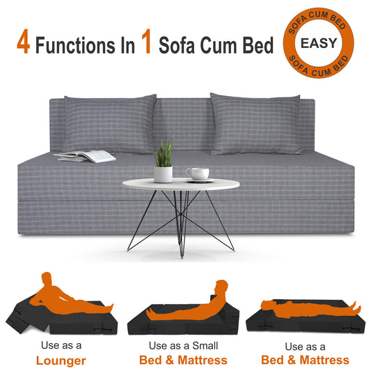 Adorn India Easy Three Seater Sofa Cum Bed Checks Design 6' x 6' (Beige)