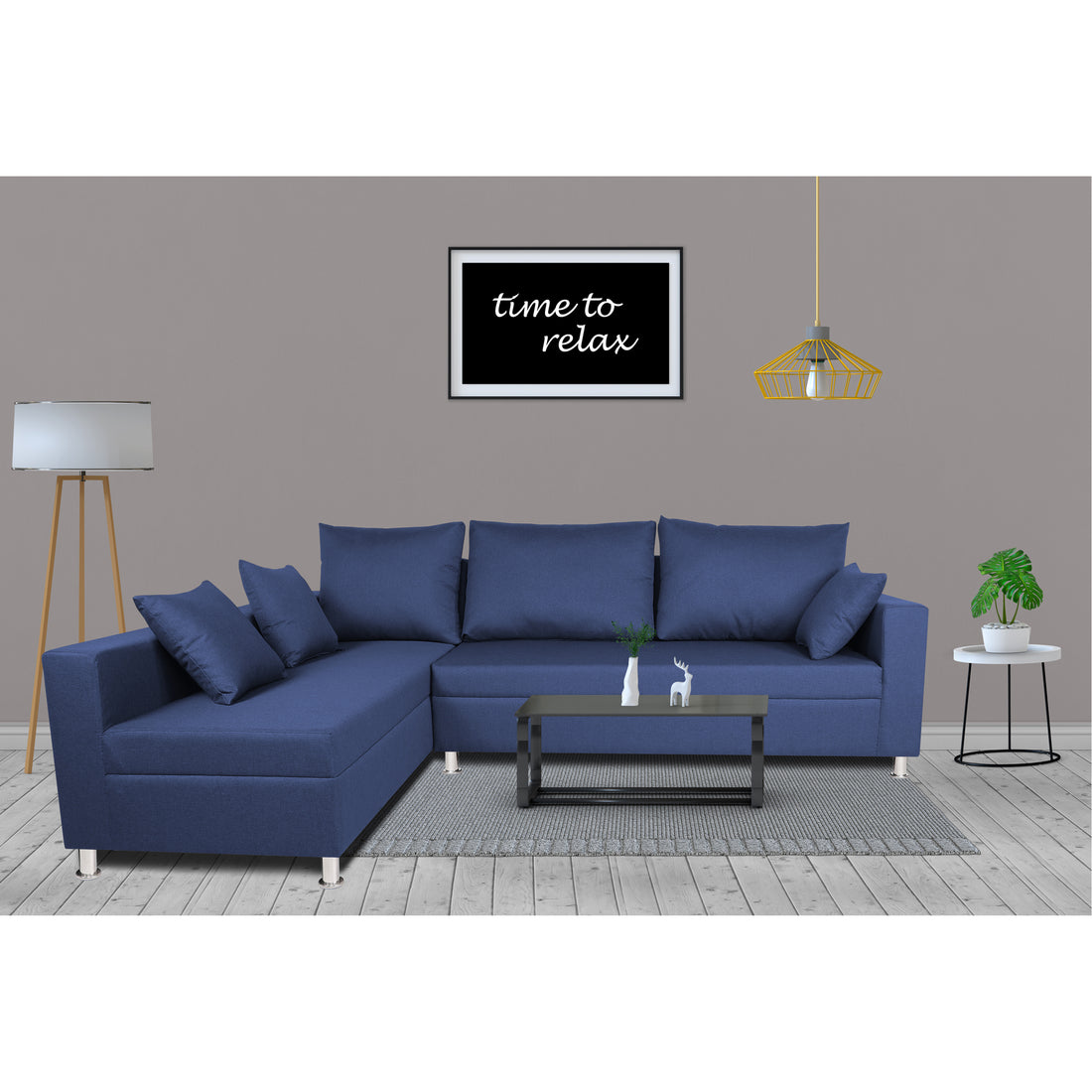 Straight Line L Shape Sofa (Left Side Handle) (Blue)