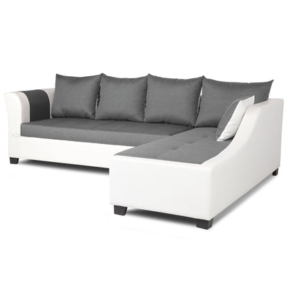 Adorn India Aliana L Shape Leatherette Fabric 6 Seater Sofa (Light Grey & White)