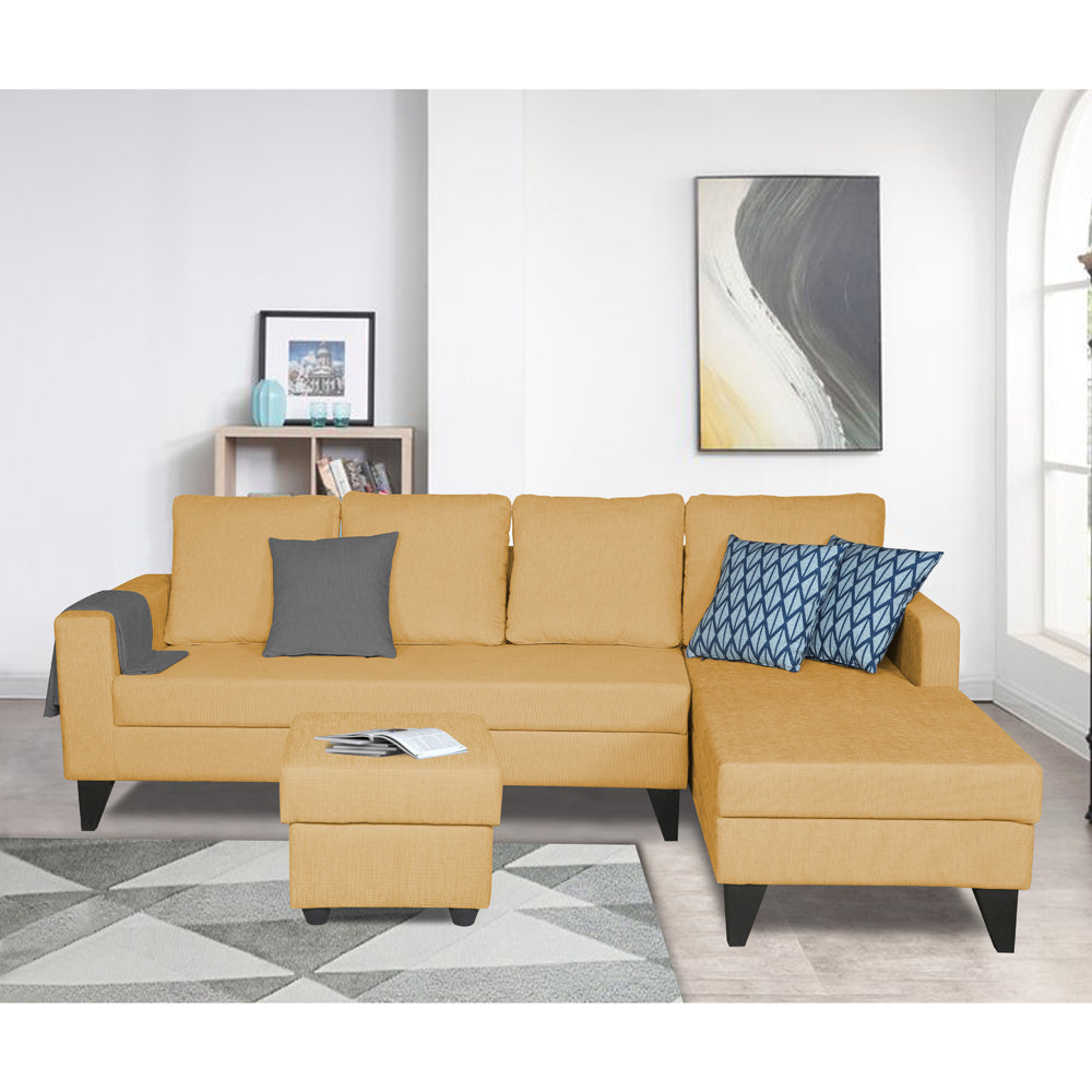 Adorn India Hallton L Shape Decent Sofa Set 7 Seater with Ottoman (Right Side) (Beige) (3 Year Warranty)