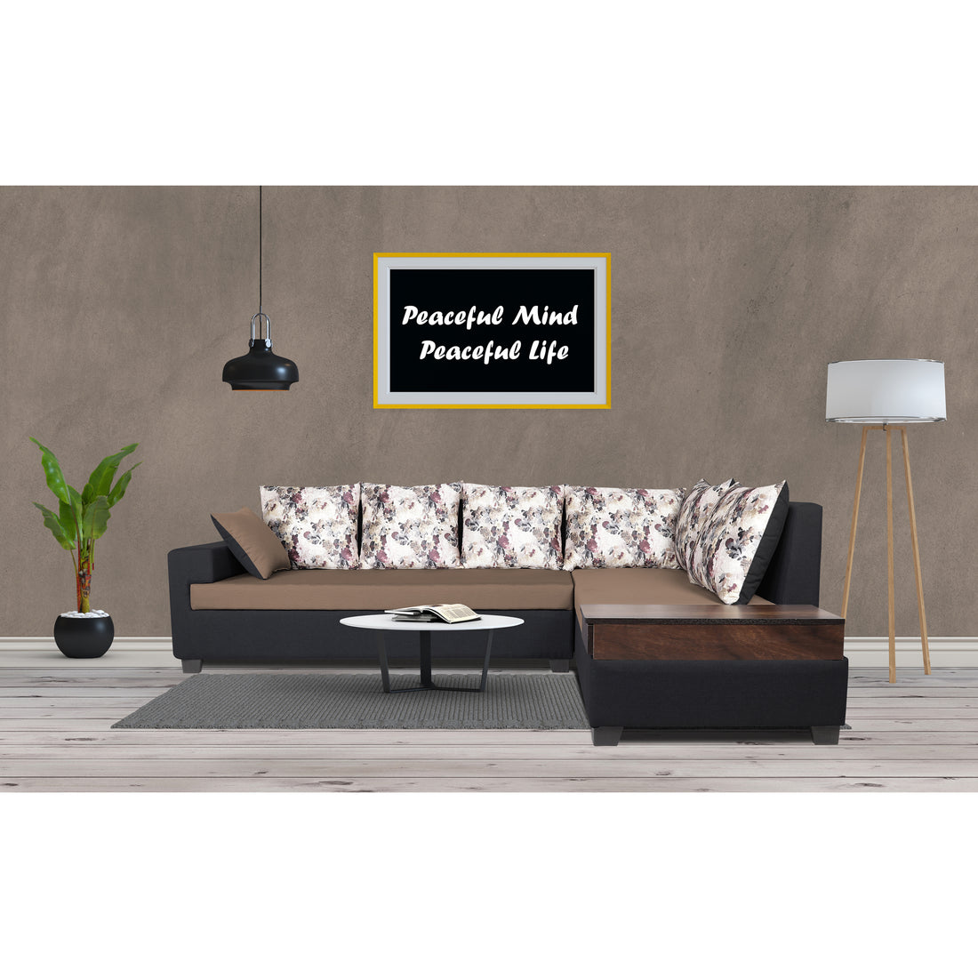 Adorn India Orlando Fabric L Shape Sofa (Black & Camel)