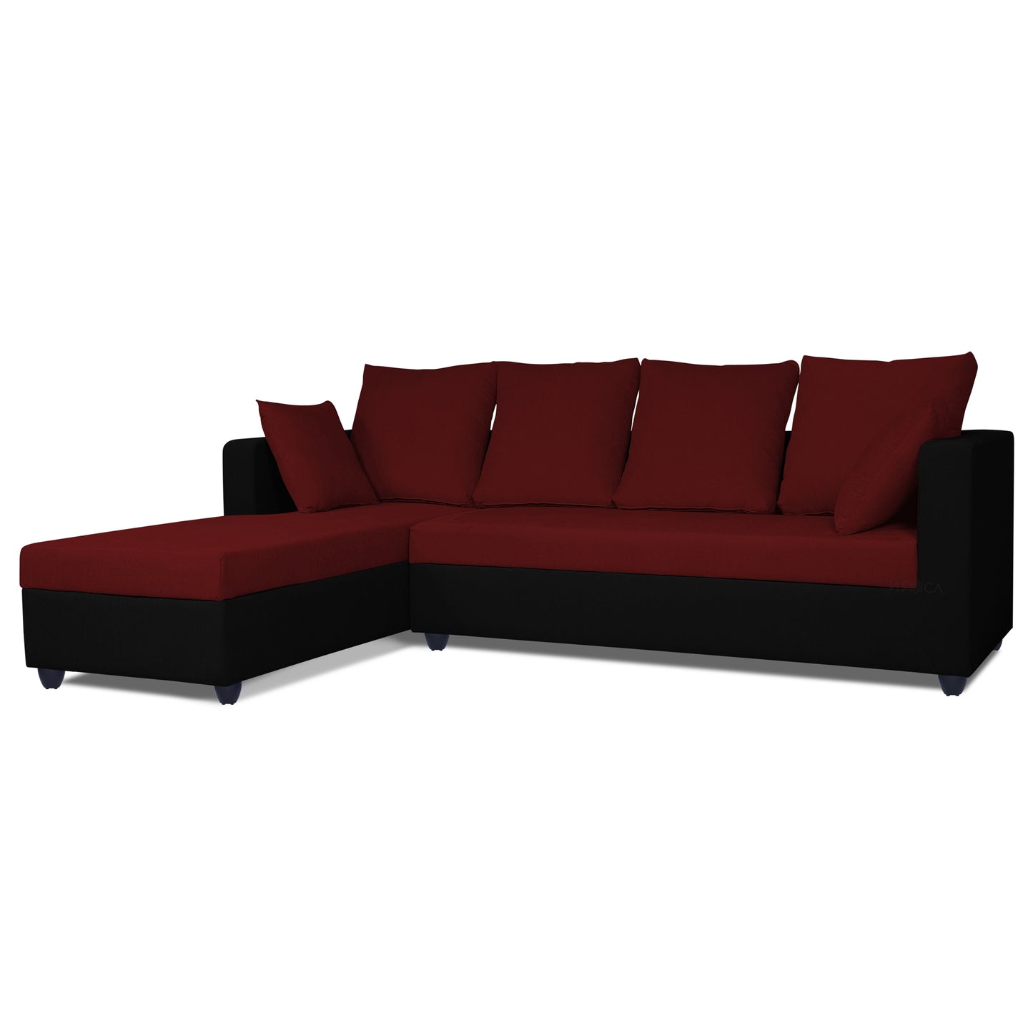 Adorn India Zink Straight line L Shape 6 Seater Sofa Plain Cushion (Left Side Handle)(Maroon & Black)