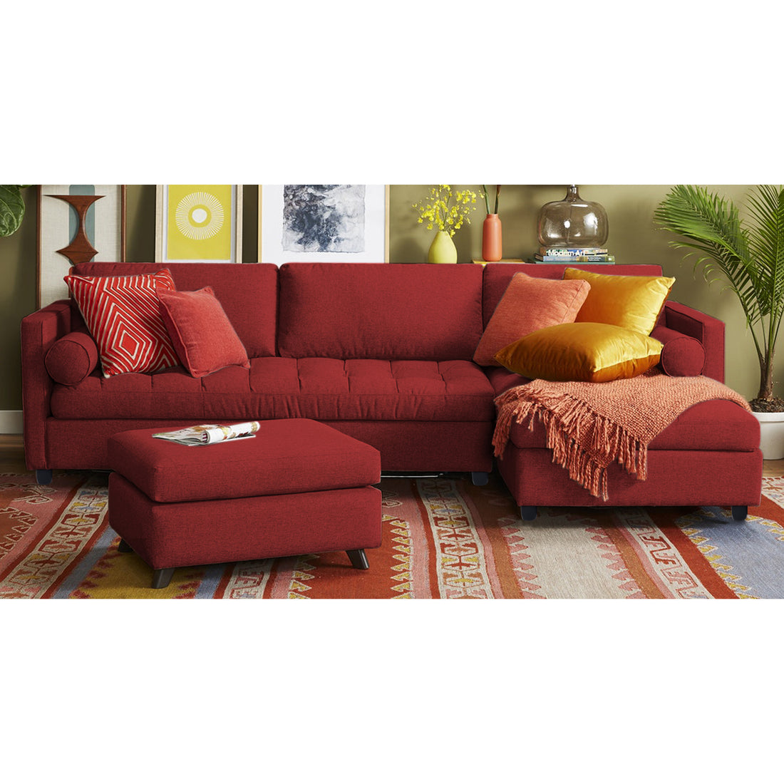 Adorn India Alexander L Shape 7 Seater Sofa Set with Ottoman Puffy RHS (Maroon) (3 Year Warranty)