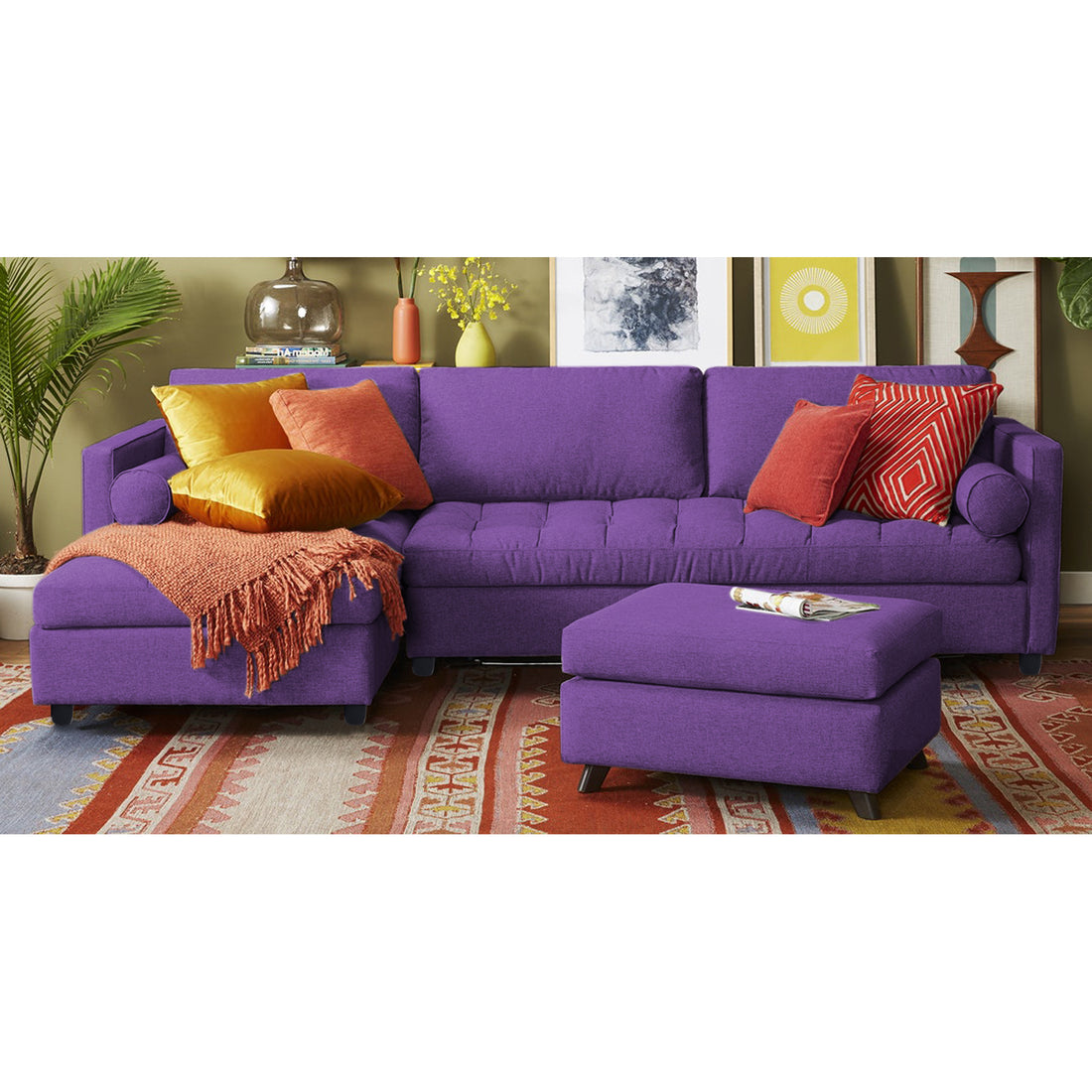 Adorn India Alexander L Shape 7 Seater Sofa Set with Ottoman Puffy LHS (Purple) (3 Year Warranty)