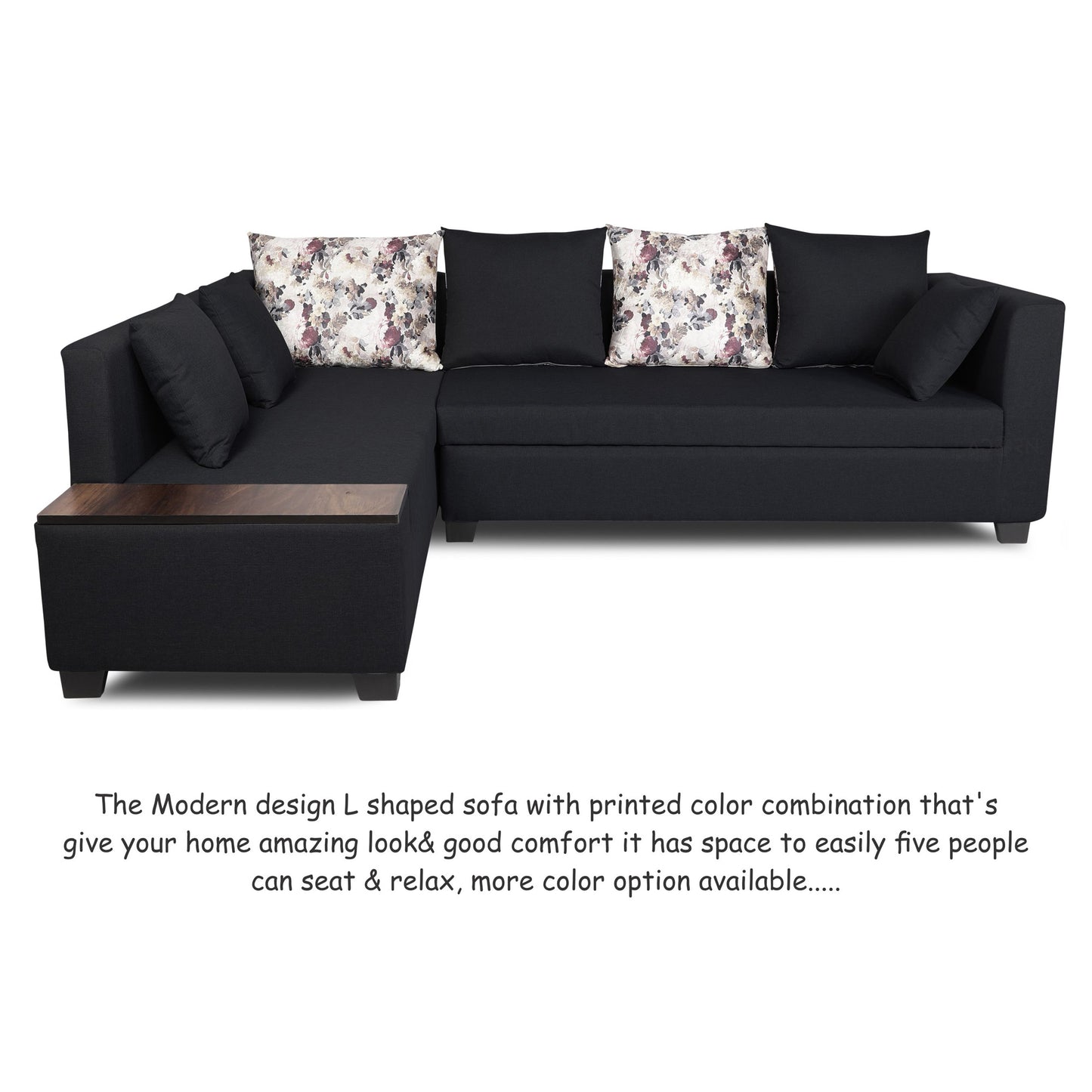 Adorn India Mclain L Shape 6 Seater Sofa (Left Side Handle)(Black)