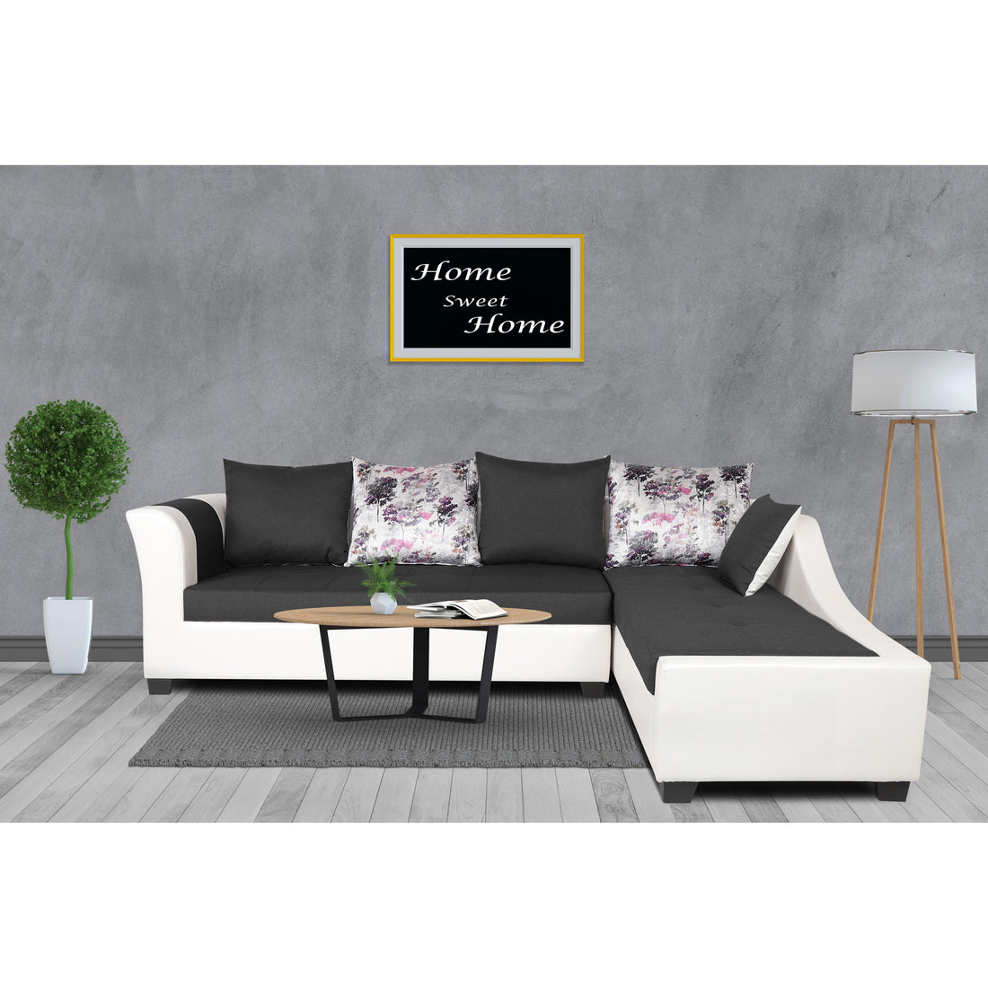 Adorn India Aliana L Shape Leatherette Fabric 6 Seater Sofa Set RHS (Dark Grey & White) (3 Year Warranty)