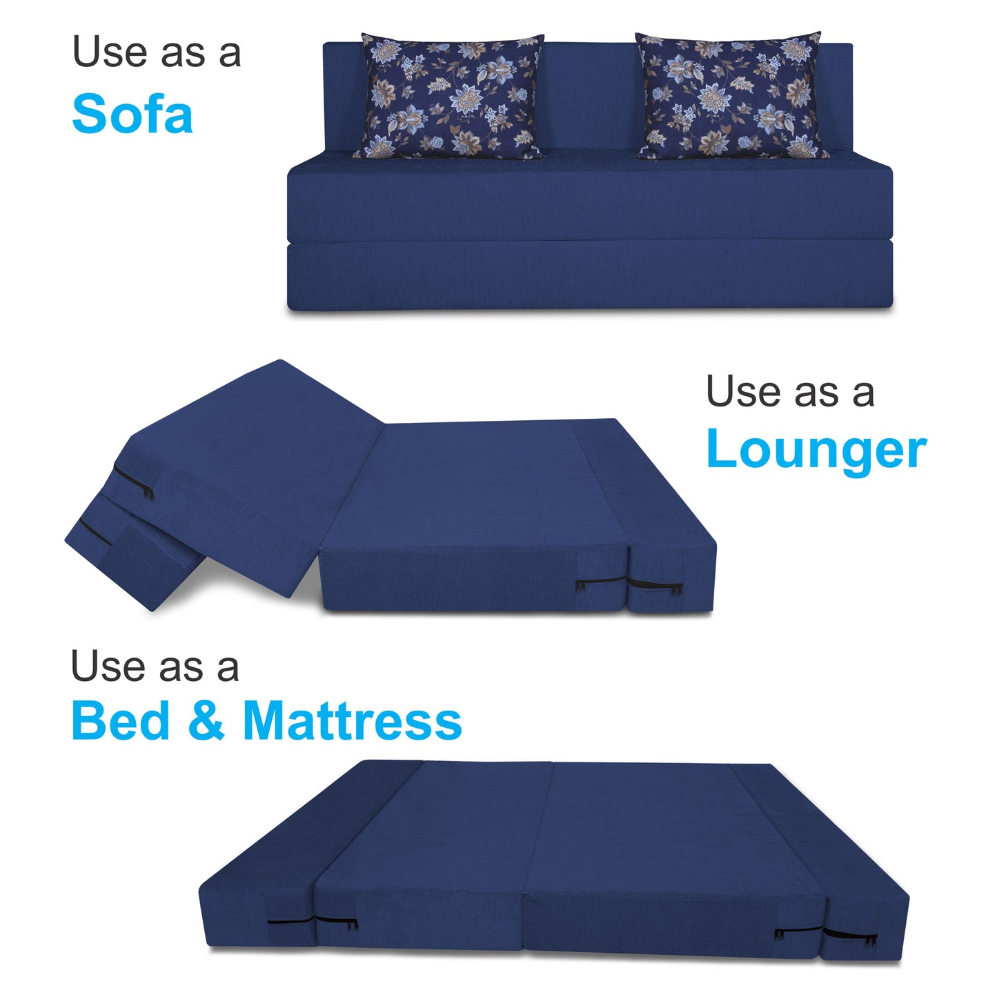 Adorn India Easy Three Seater Sofa Cum Bed Floral '5 x 6' (Blue)
