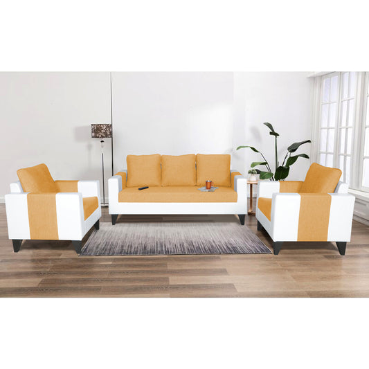 Adorn India Ashley Plain Leatherette Fabric 3-1-1 Five Seater Sofa Set (Beige & White)