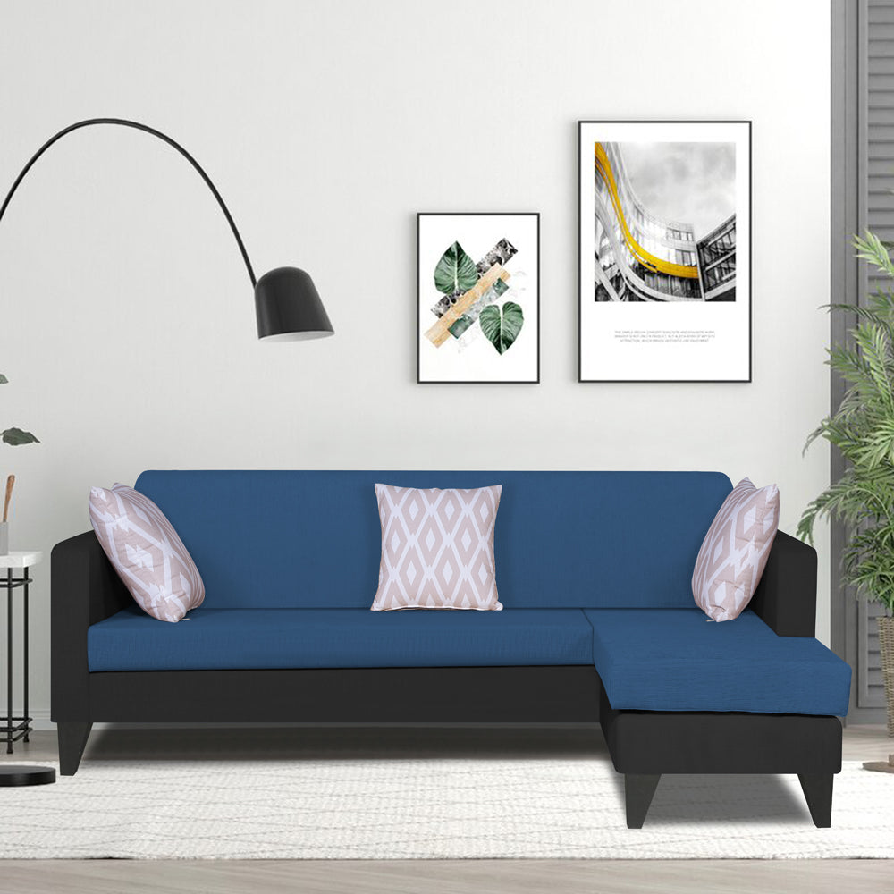 Adorn India Aladra L Shape Decent 5 Seater Sofa Set RHS (Blue & Black) (3 Year Warranty)