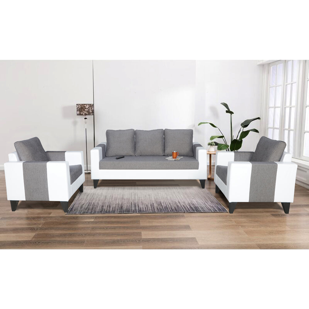 Adorn India Ashley Plain Leatherette Fabric 3-1-1 Five Seater Sofa Set (Grey & White) (3 Year Warranty)