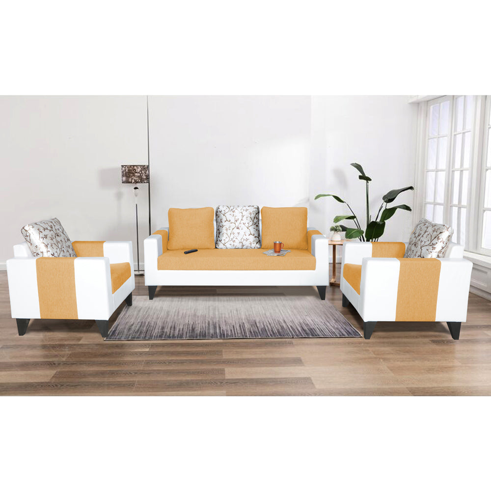 Adorn India Ashley Digitel Print Leatherette Fabric 3-1-1 Five Seater Sofa Set (Beige & White) (3 Year Warranty)