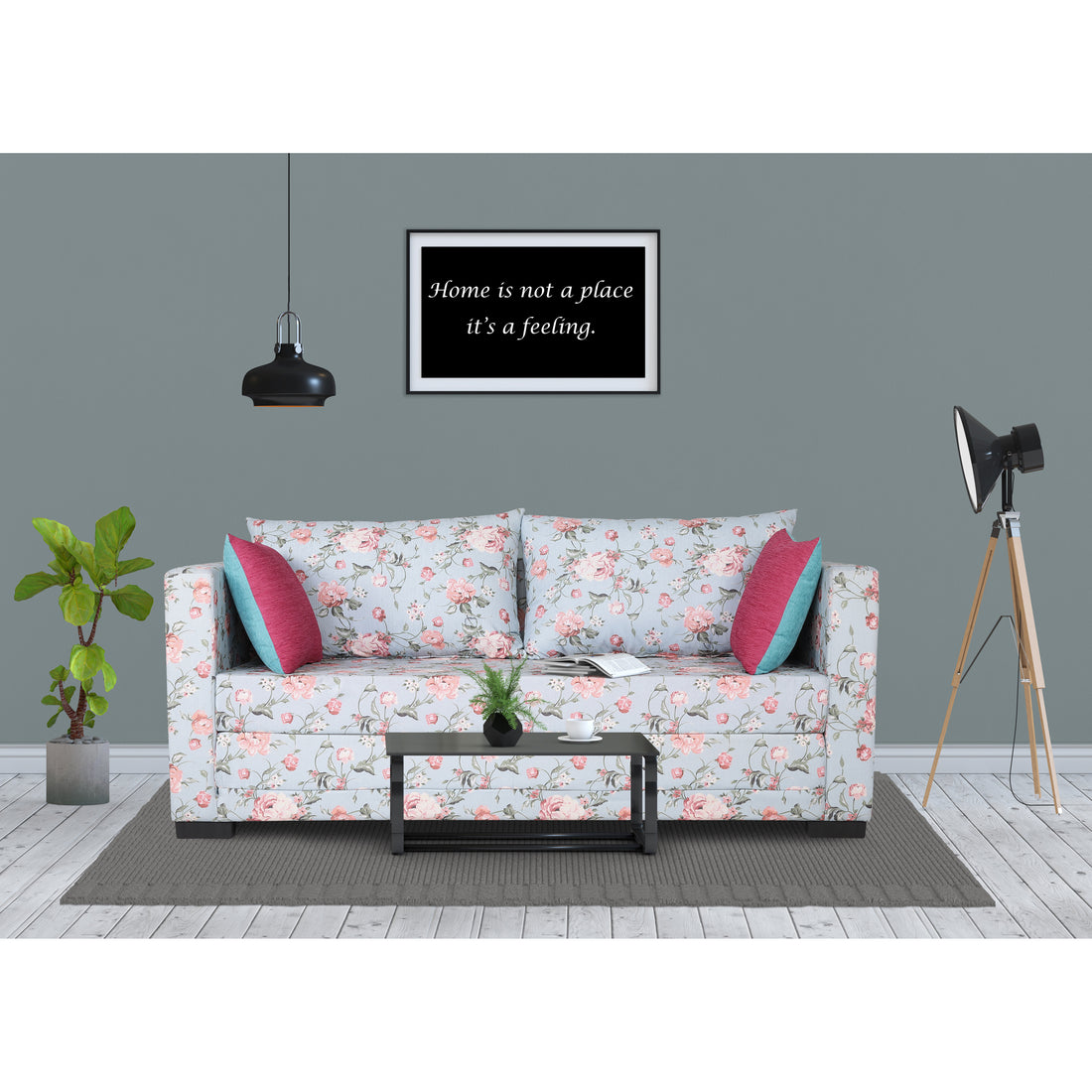 Adorn India Straight line 3 Seater Sofa Cum Bed Floral Digital Print (Blue)