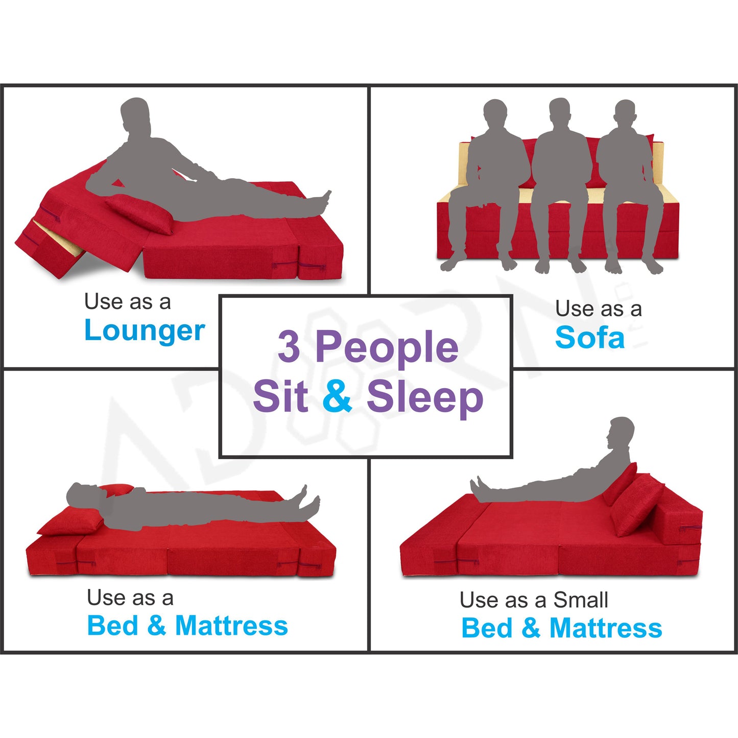 Adorn india Easy Three Seater Sofa Cum Bed(Red & Beige) 6'x6'