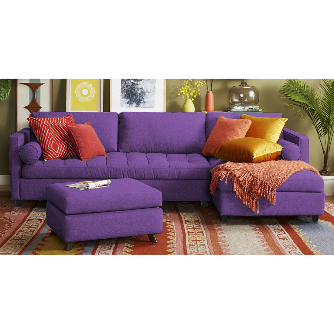 Adorn India Alexander L Shape 7 Seater Sofa Set with Ottoman Puffy RHS (Purple) (3 Year Warranty)