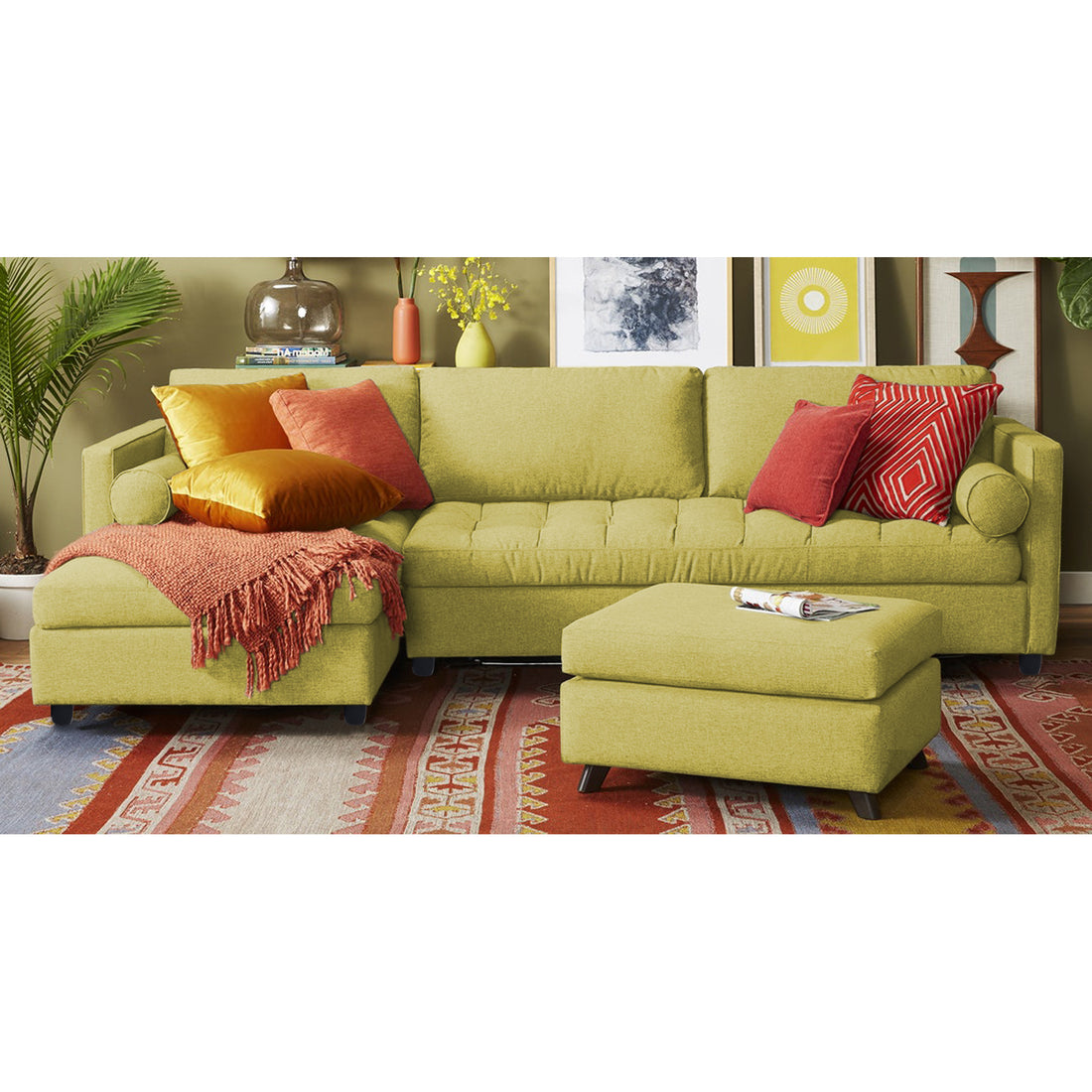 Adorn India Alexander L Shape 7 Seater Sofa Set with Ottoman Puffy LHS (Green) (3 Year Warranty)