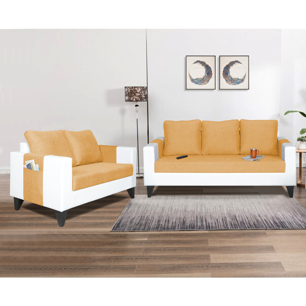 Adorn India Ashley Plain Leatherette Fabric 3-2 Five Seater Sofa Set (Beige & White) (3 Year Warranty)