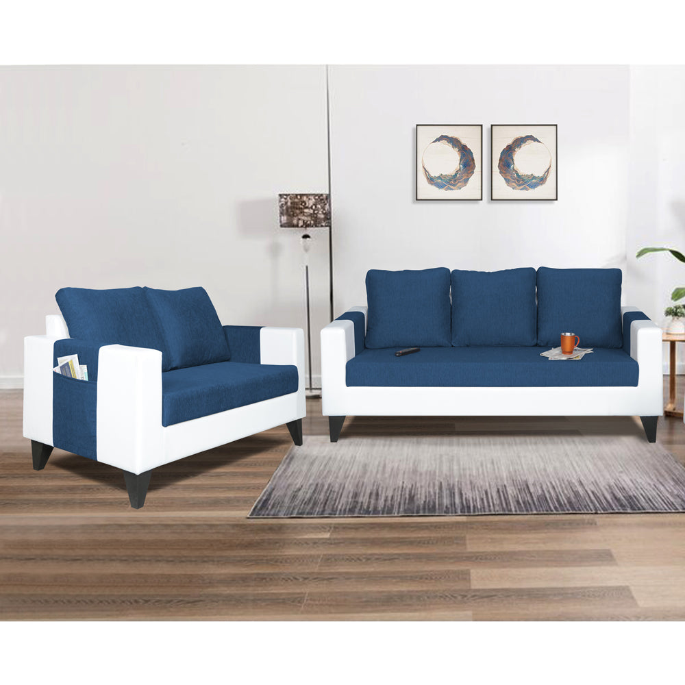 Adorn India Ashley Plain Leatherette Fabric 3-2 Five Seater Sofa Set (Blue & White) (3 Year Warranty)