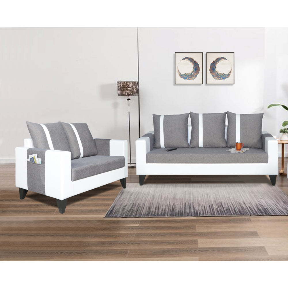 Adorn India Ashley Stripes Leatherette Fabric 3-2 Five Seater Sofa Set (Grey & White) (3 Year Warranty)