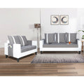 Adorn India Ashley Stripes Leatherette Fabric 3-2 Five Seater Sofa Set (Grey & White) (3 Year Warranty)