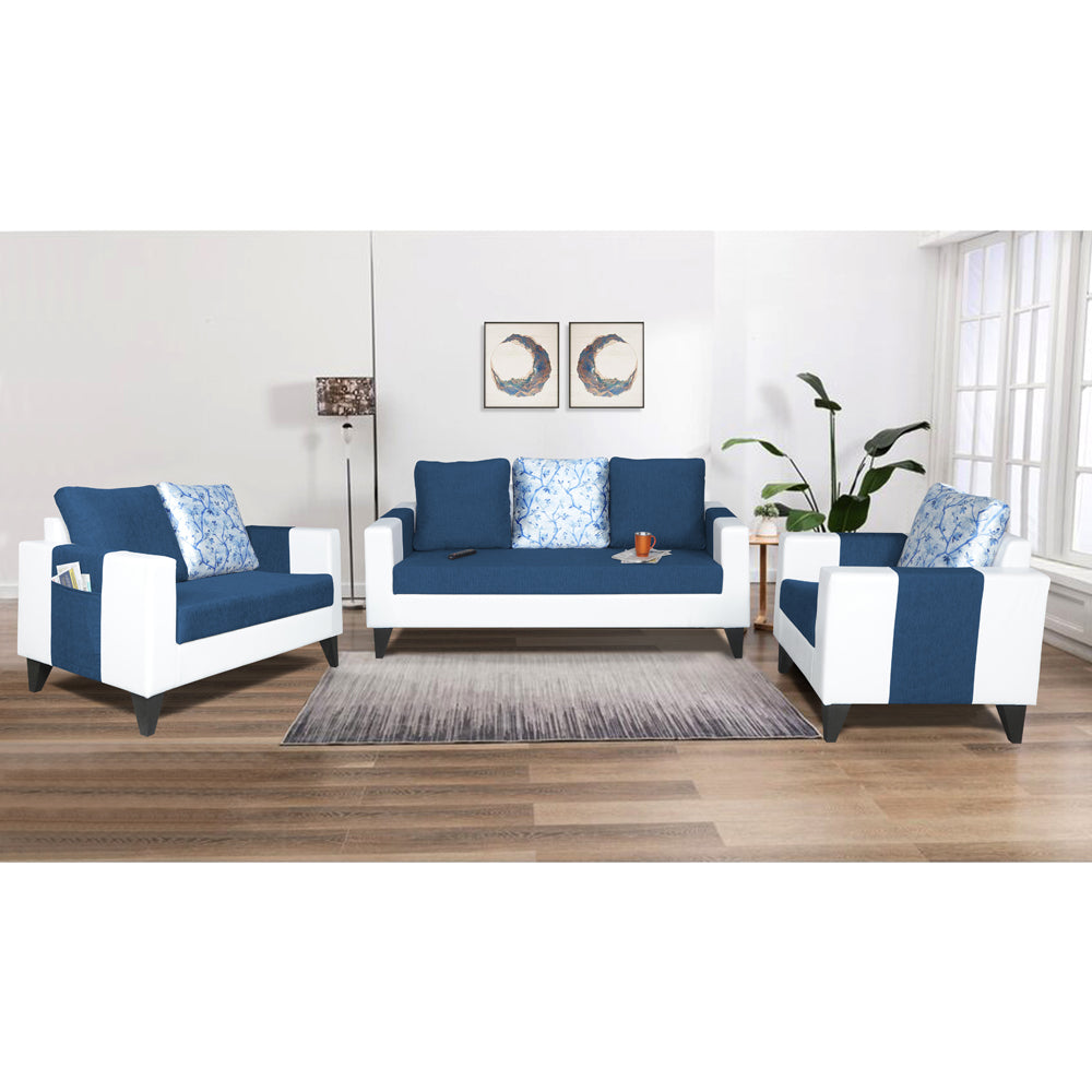 Adorn India Ashley Digitel Print Leatherette Fabric 3-2-1 Six Seater Sofa Set (Blue & White) (3 Year Warranty)