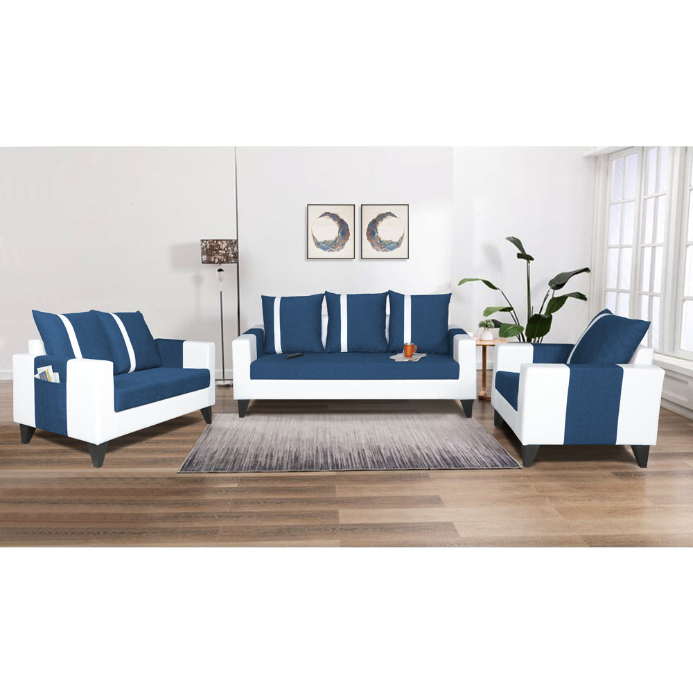 Adorn India Ashley Stripes Leatherette Fabric 3-2-1 Six Seater Sofa Set (Blue & White) (3 Year Warranty)
