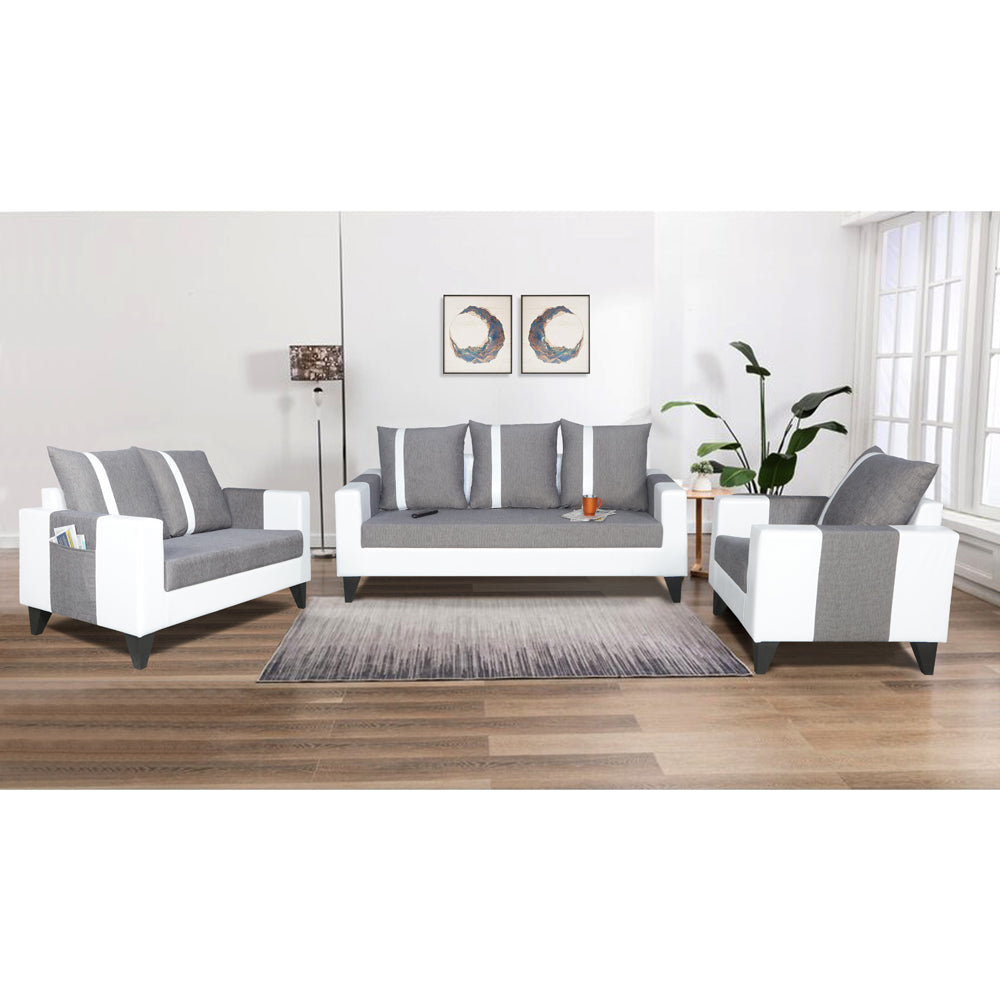 Adorn India Ashley Stripes Leatherette Fabric 3-2-1 Six Seater Sofa Set (Grey & White) (3 Year Warranty)