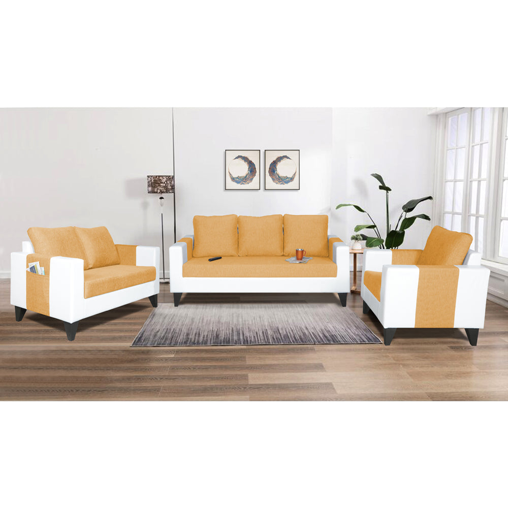 Adorn India Ashley Plain Leatherette Fabric 3-2-1 Six Seater Sofa Set (Beige & White) (3 Year Warranty)