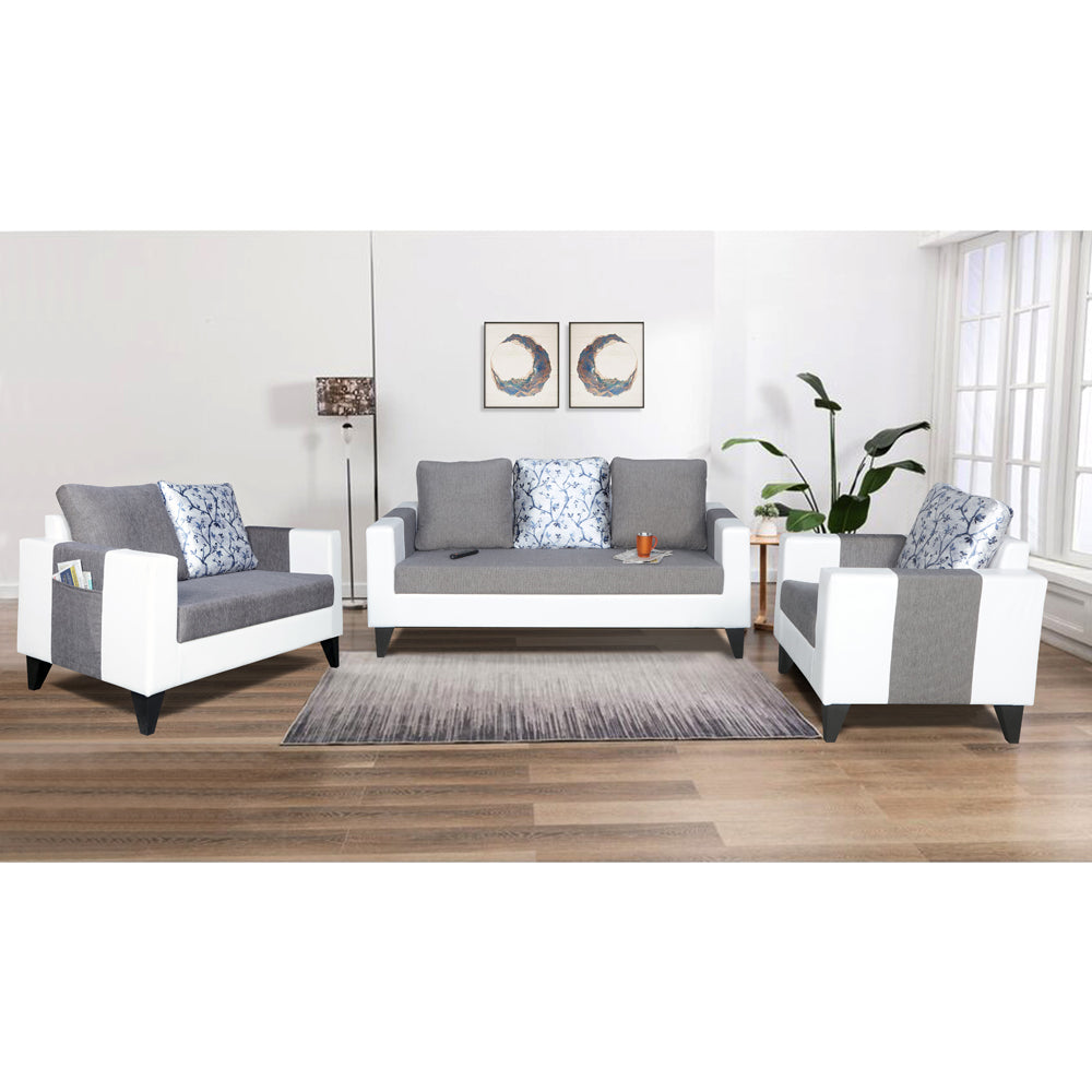 Adorn India Ashley Digitel Print Leatherette Fabric 3-2-1 Six Seater Sofa Set (Grey & White) (3 Year Warranty)