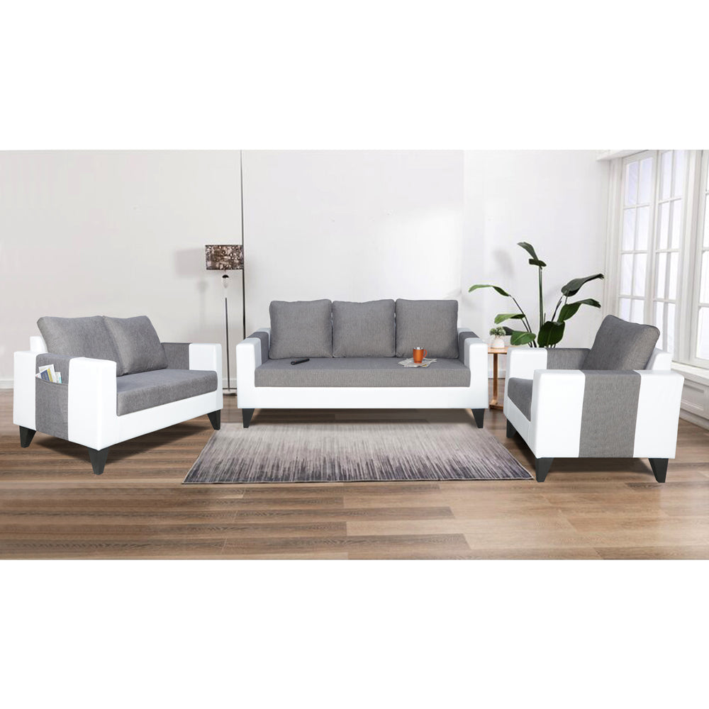 Adorn India Ashley Plain Leatherette Fabric 3-2-1 Six Seater Sofa Set (Grey & White) (3 Year Warranty)