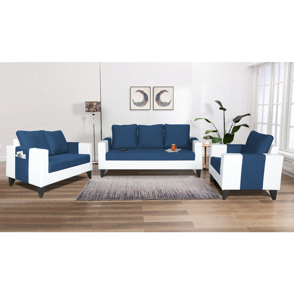 Adorn India Ashley Plain Leatherette Fabric 3-2-1 Six Seater Sofa Set (Blue & White) (3 Year Warranty)