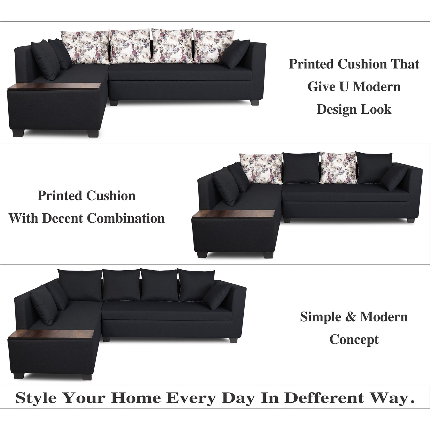 Adorn India Mclain L Shape 6 Seater Sofa (Left Side Handle)(Black)