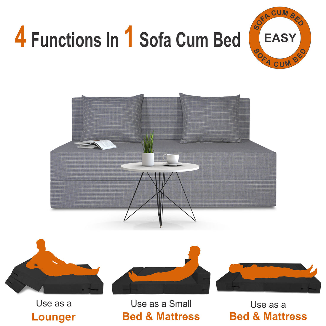 Adorn India Easy Two Seater Sofa Cum Bed Checks Design 4' x 6' (Beige)