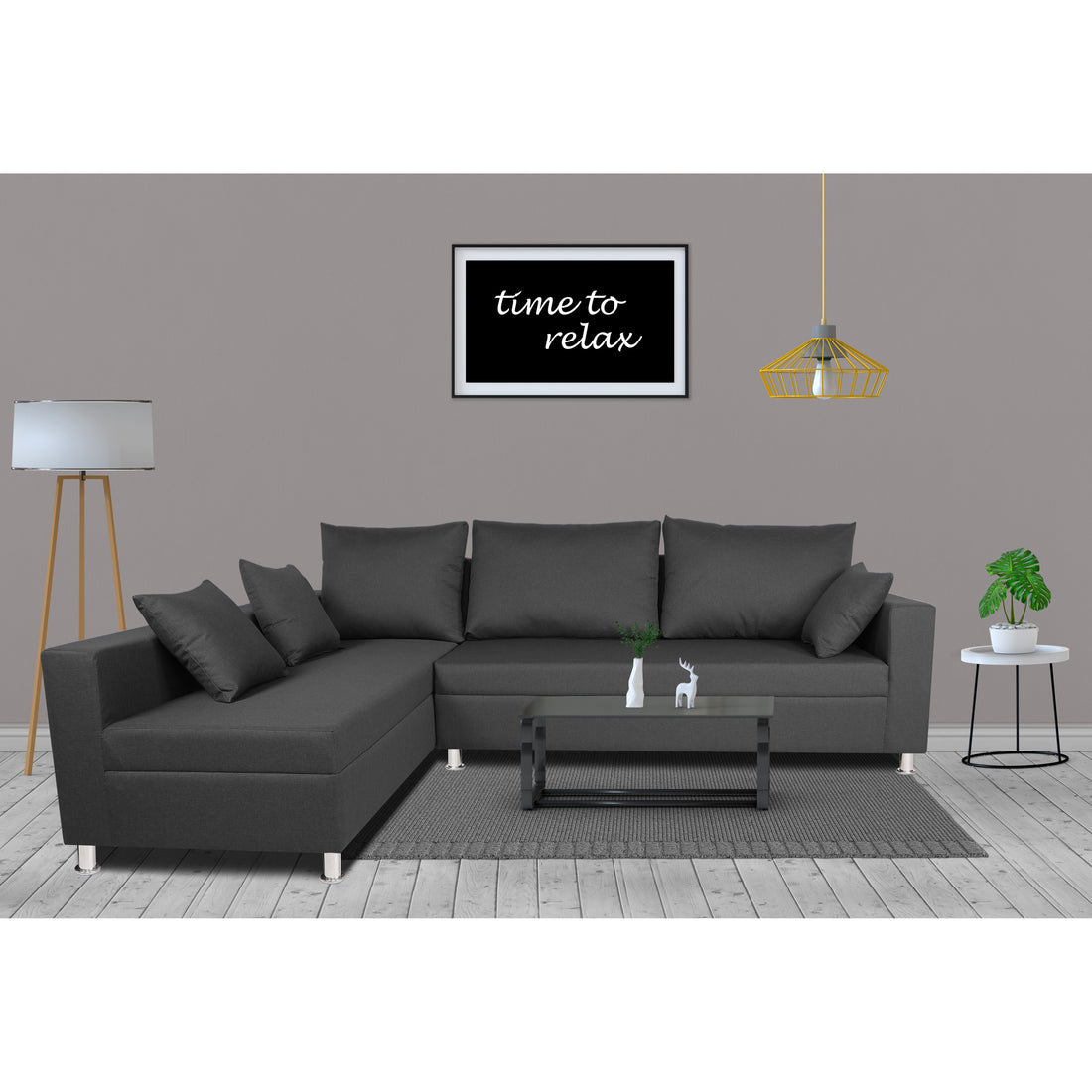 Straight Line L Shape 5 Seater Sofa Set Left Side Handle (Dark Grey)
