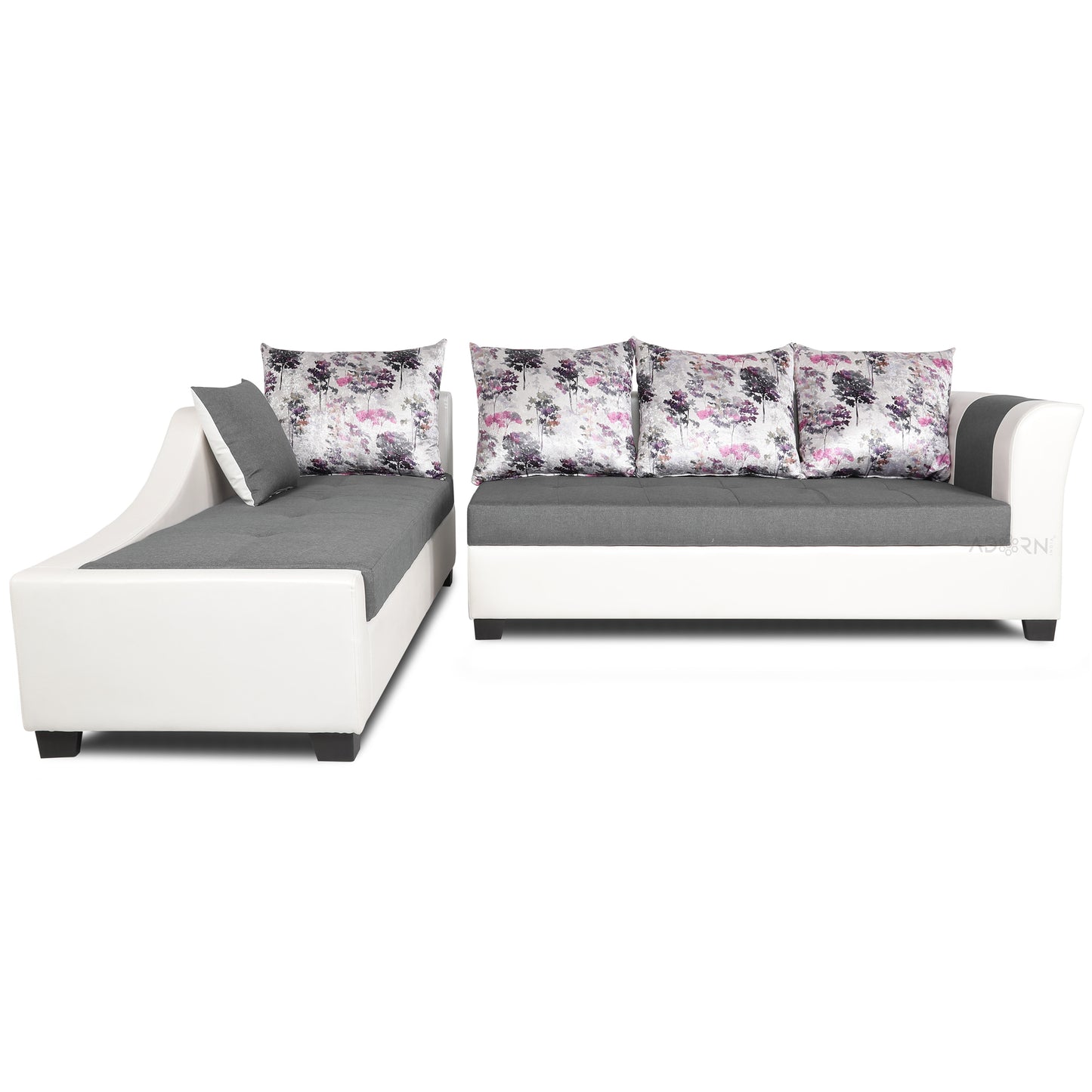 Adorn India Aliana L Shape Leatherette Fabric 6 Seater Sofa (Left Side Handle)(Light Grey & White)