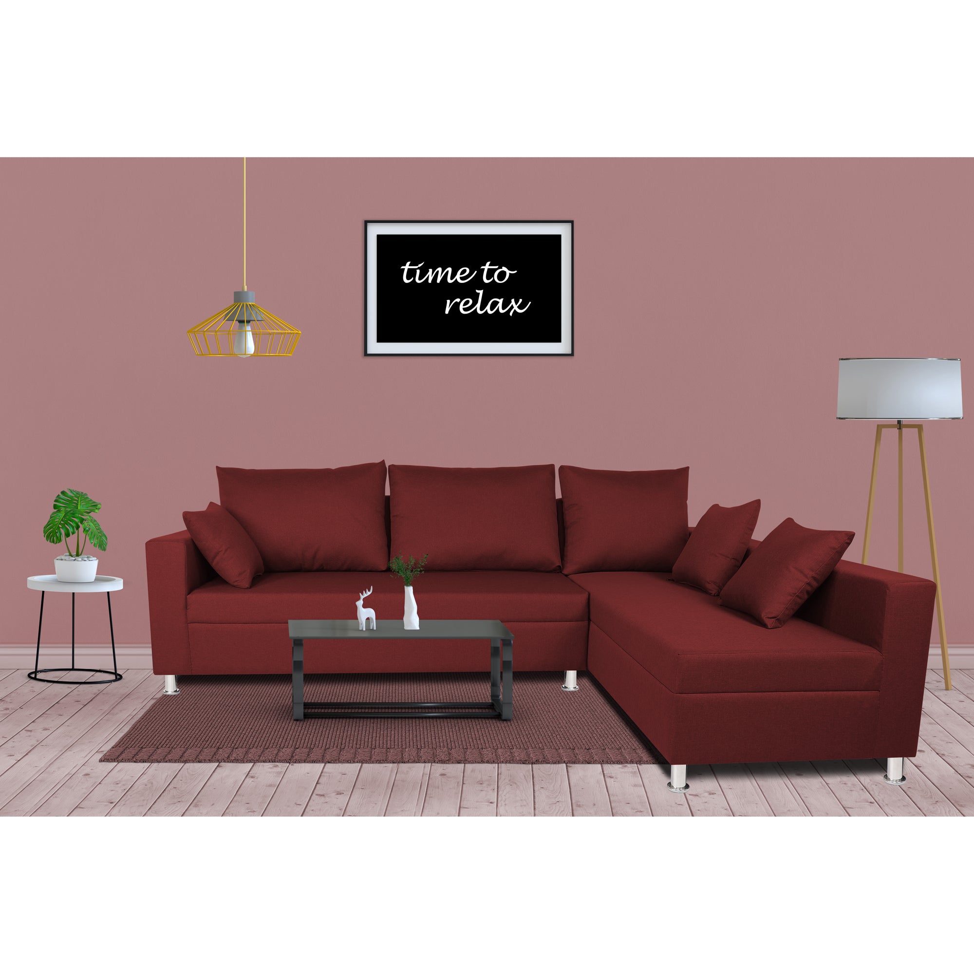 Premium Quality Straight line L Shape Sofa (Maroon) - Adorn India