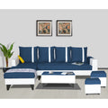 Adorn India Ashley Stripes Leatherette Fabric L Shape 8 Seater Sofa Set with 2 Ottoman Puffy & Center Table LHS (Blue & White) (3 Year Warranty)