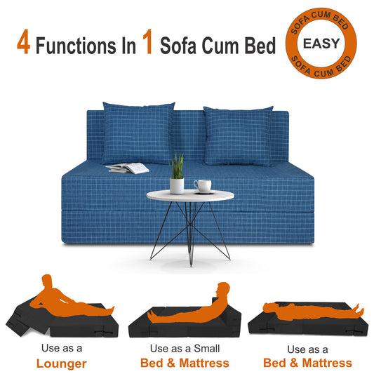 Adorn India Easy Two Seater Sofa Cum Bed Checks Design 4' x 6' (Blue)